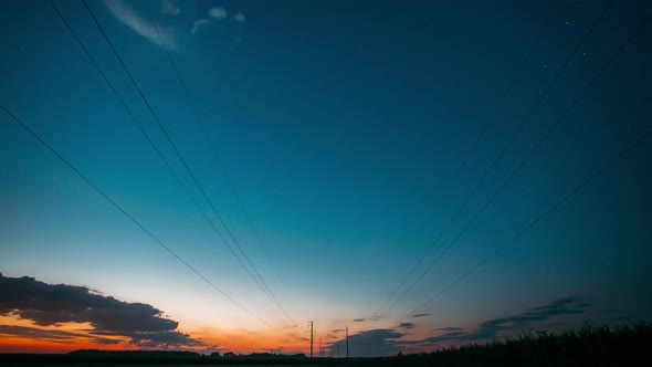 Colorful Sunset Sky Transit To Dark Night Starry Sky With Glowing Stars And Meteoric Track Trail alt