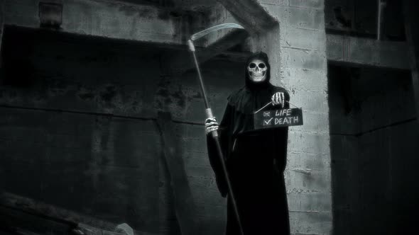 Death with a Scythe Raises a Sign with the Inscription Life or Death alt