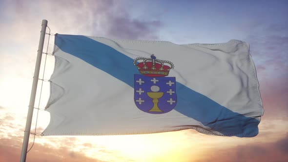 Galicia Flag Spain Waving in the Wind Sky and Sun Background alt