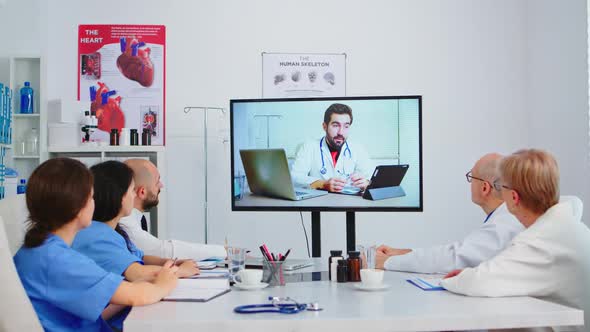 Medical People Carefully Listening Online Video Presentation alt