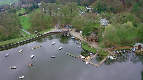 Beautiful aerial view, footage of Rudyard Lake in the Derbyshire Peak District Nation Park, popular alt