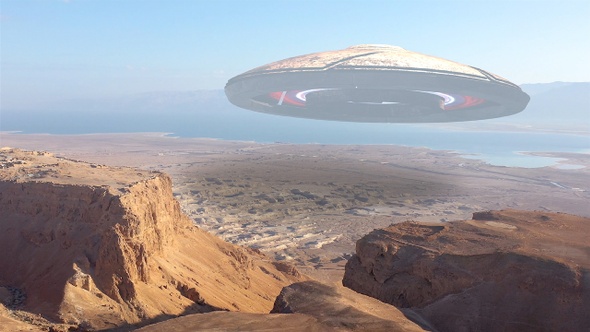 Alien Ufo Hovering Over Desert Mountains And Sea alt