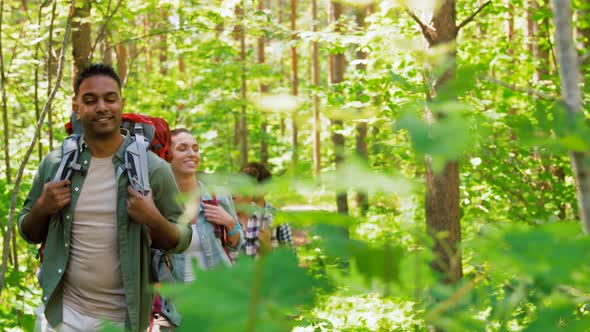 Group of Friends with Backpacks Hiking in Forest alt