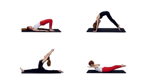 Sporty Woman Doing Set of Yoga Exercises on White Background