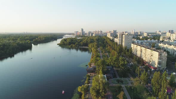 Aerial Drone Footage of Rusanivka District in Kiev at Sunset Ukraine