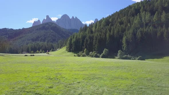 Aerial travel drone view of South Tyrol, Italy and the Dolomites mountains. alt