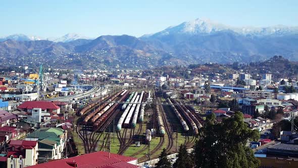 Aerial Flight Forward To the City Center of Batumi, Georgia. In the Foreground Construction of alt