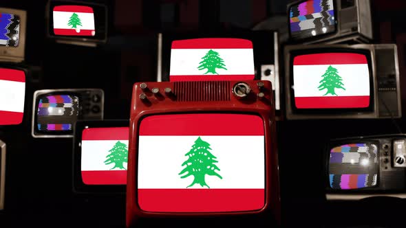 Flag of Lebanon on Retro TVs. 4K.