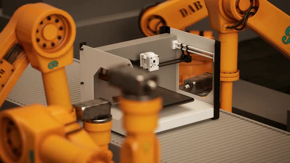 The futuristic robotic arms working on the assembly of the 3d printers. alt