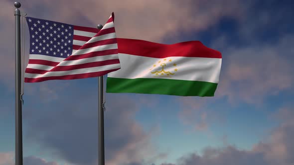 Tajikistan Flag Waving Along With The National Flag Of The USA - 4K alt