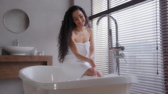 Attractive Young Happy Woman Taking Bath Washing Hands Under Running Hot Water Pretty Smiling Girl alt