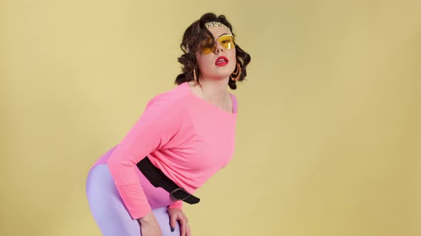 Retro funny fitness. Expressive woman doing sport exercises. alt