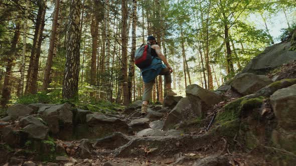 A Woman Hiker Is Walking Along a Stony Path in the Forest