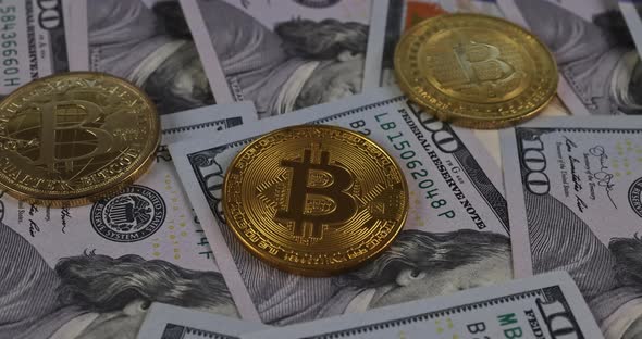 Bitcoin with Dollar Cash Virtual Crypto Currency Bitcoin Btc and Banknotes of Bitcoin Payment alt
