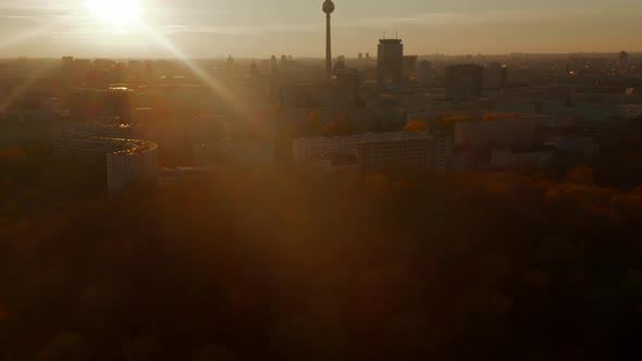 Scenic Aerial Drone View Above Park Nature with Trees in City Center of Berlin, Germany in Autumn alt