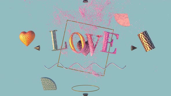 The word LOVE and other geometric shapes float in the air and a fluid of pink particles collides