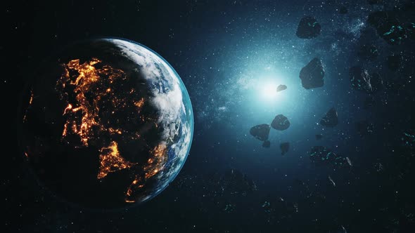 Computer Graph Black Asteroids Fly By Realistic Planet Earth alt