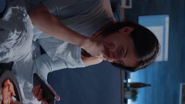 Vertical Video Shocked Worried Woman By Warning Notification for Unpaid Bank Bills alt