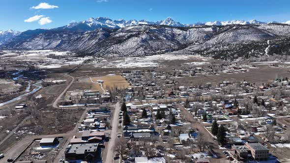 Flyover Scenic Cityscape Of Snowy Mountain Village Ridgway Colorado Usa alt