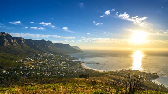 Sunset Time Lapse from Table Mountain over Camps Bay and 12 Apostles, Cape Town, South Africa