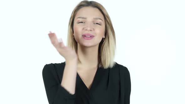 Flying Kiss by Cute Young Woman, White Background alt