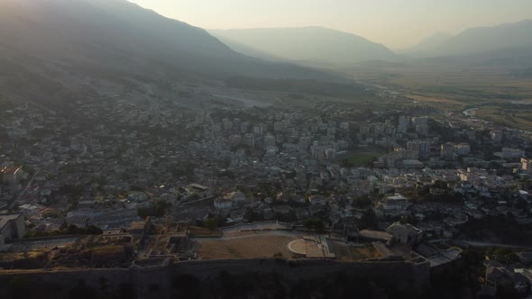 Panoramic View to Gjirokastra Castle with the Wall Tower and Clock in Gjirokaster Albania