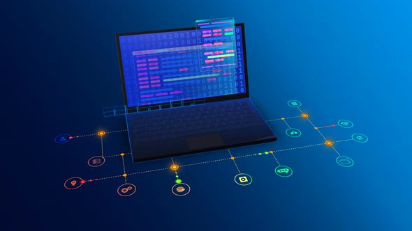 Laptop Animation With Many Appliances, Modern Tech Business Life, Complex Tasks