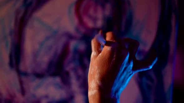 Woman is Drawing Her Nightmare By Dark Paints and Brush Art Therapy for Psychology Closeup View alt