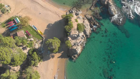 Costa Brava beach, aerial drone, paradise, turquoise green - Lloret de Mar Mediterranean - Spain alt