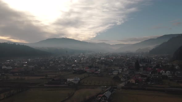 4k Drone Shot Over Small Village Sunset Church