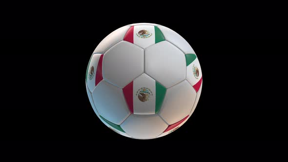 Soccer ball with flag Mexico, on black background loop alpha