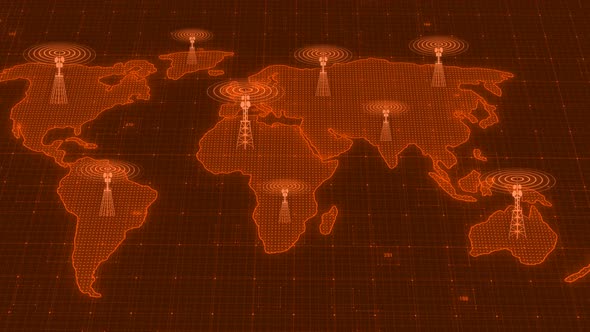 Brown Color Network Tower Wave Signal Animated On World Map alt