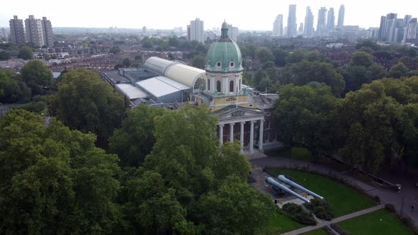 Drone View of the Imperial War Museum with a View of the City in the Background
