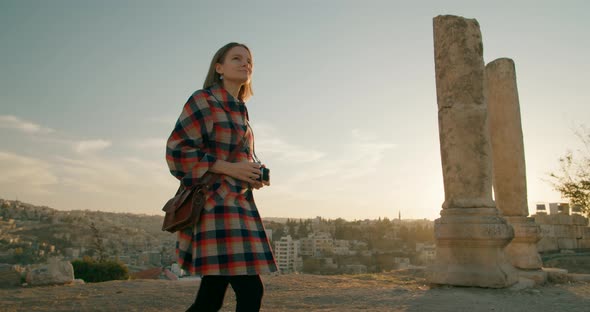 Photographer Woman Takes Pictures Amman Citadel  Landmark in Capital of Jordan