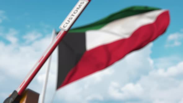 Closing Barrier with CUSTOMS Sign at Flag of Kuwait alt