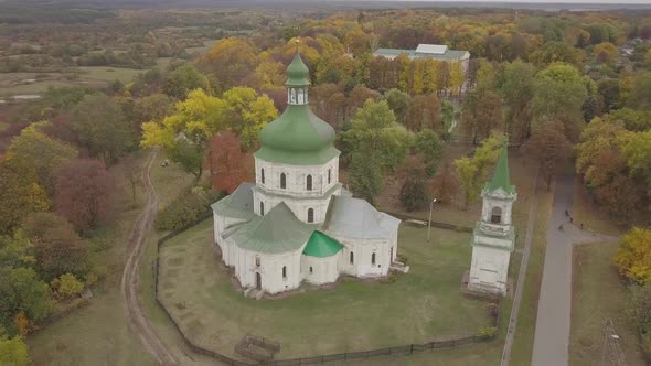 Aerial to Village Sedniv and Church of the Resurrection Ukraine