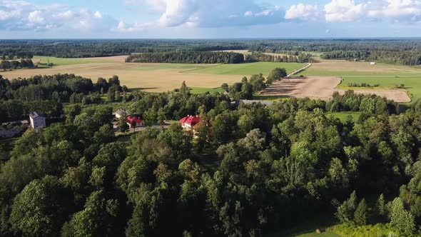 Aerial View Over the Dikli Palace and Park. Old Manor at City Valmiera, Latvia.  alt