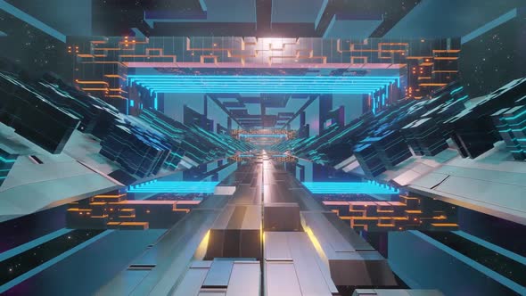Futuristic technology space tunnel, sci-fi corridor. Cinematic camera move.