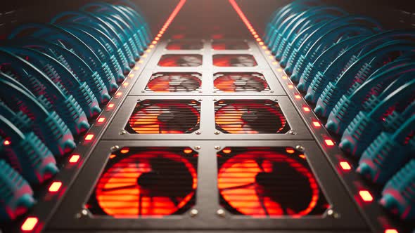 Countless blue cables in a  server cabinet lit by a single spotlight. 4KHD alt