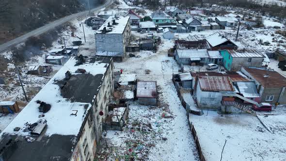 Aerial view of a Roma settlement in the village of Jasov in Slovakia
