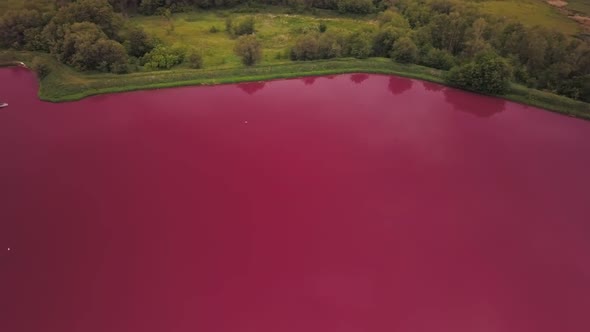 Aerial Panorama Over Artificial Pink Lake at Summer Day