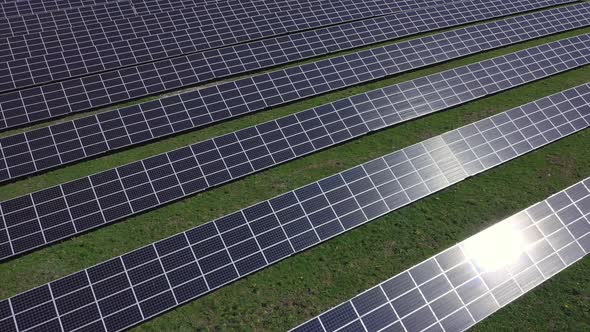 Solar panel produces green, environmentaly friendly energy. Aerial view from drone alt