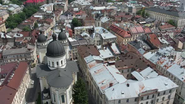 Lviv city rooftops aerial view