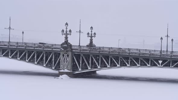 Troitsky Bridge in the City Center View of the Frozen Neva River