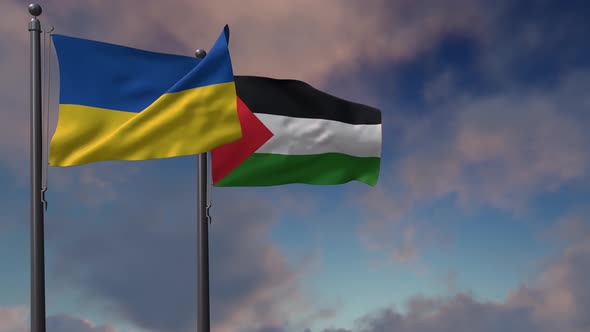 Palestine Flag Waving Along With The National Flag Of The Ukraine - 4K alt