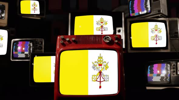 Flag of Vatican City on Retro TVs. 4K.