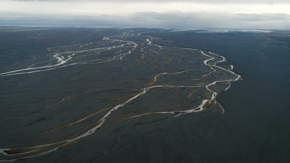 Aerial View Of Huge Riverbed In Iceland