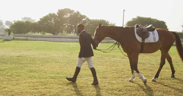 African American man walking with his dressage horse alt