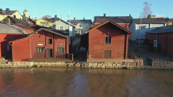 Local Historical Northern Wooden Houses on the Riverside in Porvoo Finland