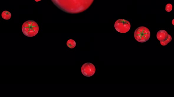 3D tomatoes fall on black background